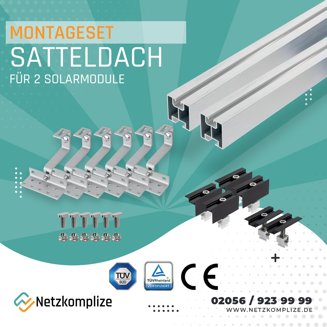 Montageset Satteldach für 2 Solarmodule mit Dachhaken und Schienen