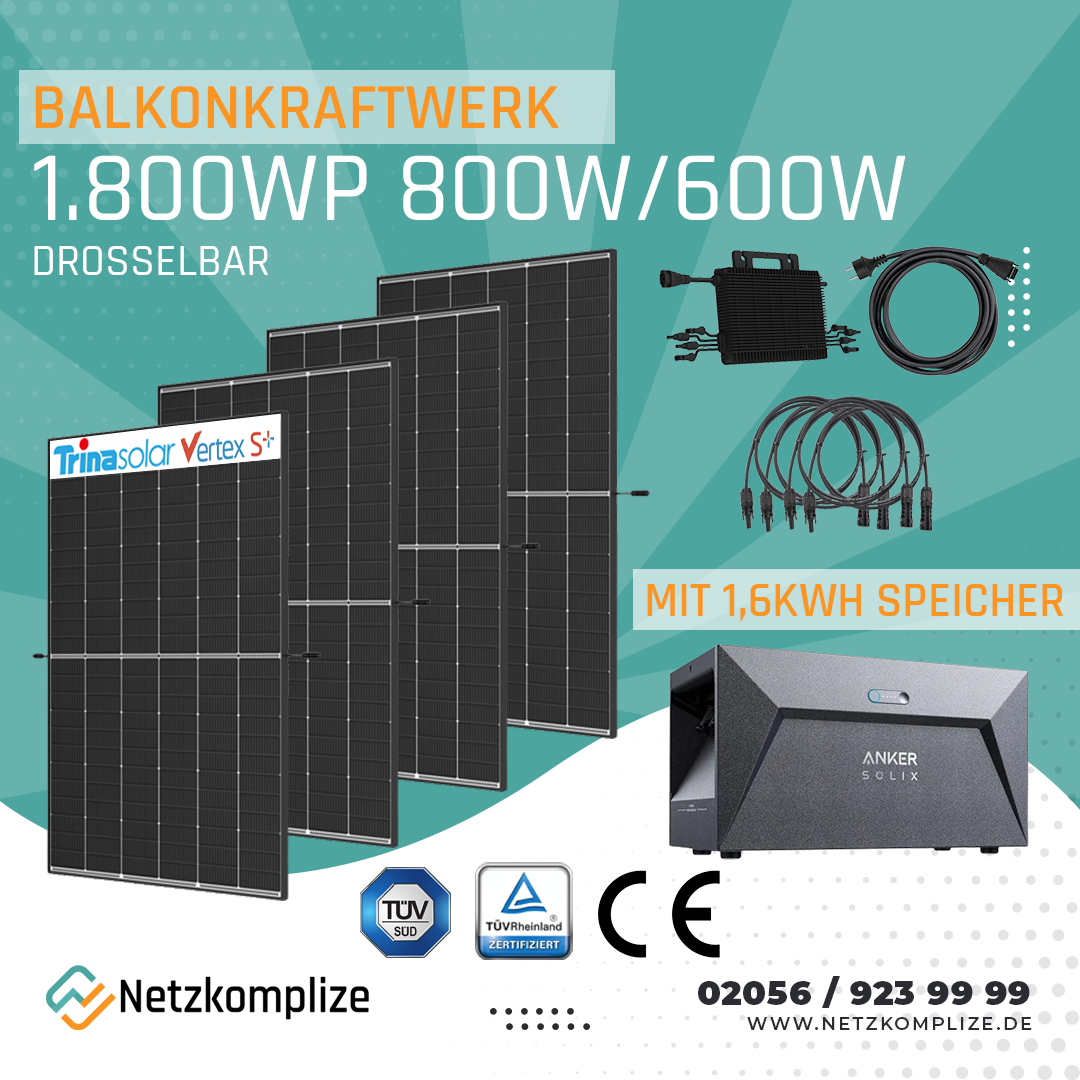 Balkonkraftwerk 1.800Wp drosselbar auf 600W/800W mit 1,6kWh Batteriespeicher | Trina | Hoymiles | Anker